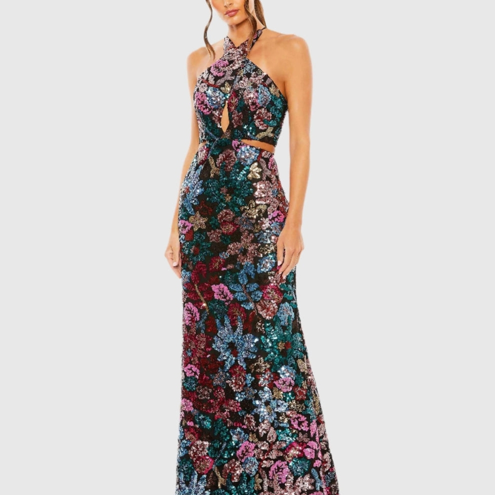 Mac Duggal Vibrant Sequin Halter Maxi Dress